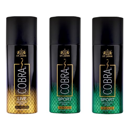 ST. JOHN COBRA Deodorant Spray For Men| Irresistible Scent Fresh and Soothing Long lasting Deodorant |Sports 150ml *2 & Live 150ml Combo Deodorant spray – (Pack of 3)