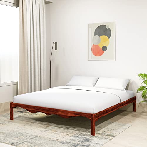 Image of STRATA FURNITURE Solid Sheesham Wood Mehraab King Size Bed Without Storage | Palang Cots Wooden Double Beds | Ideal Furniture for Living Room Bedroom (Honey Finish)
