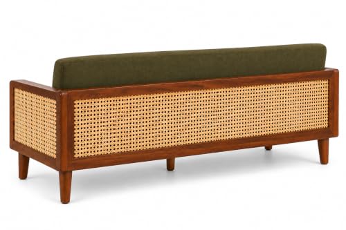 Image of Sainistree Sheesham Wood 3 Seater Sofa | Solid Wood Cane & Rattan Sofa for Living Room | Mid-Century Modern Accent Sofa | Green Upholstery, Teak Brown Finish (3)