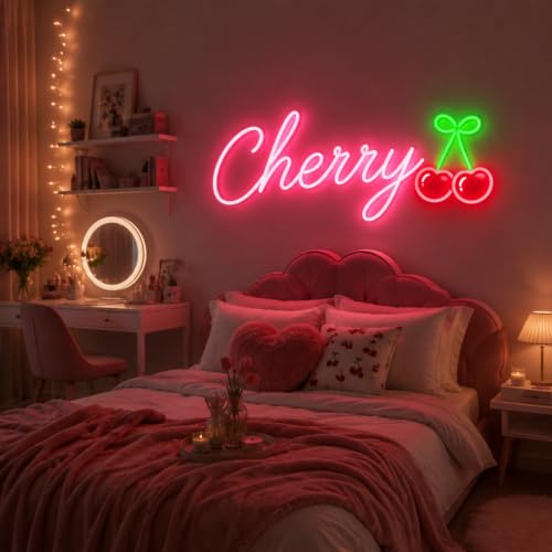 Image of Custom Name with Cherry Neon Sign for Wall Decor Personalized LED Neon Light Sign for Wall Art Nursery Girl Bedroom Birthday Party Christmas Kid's Gift