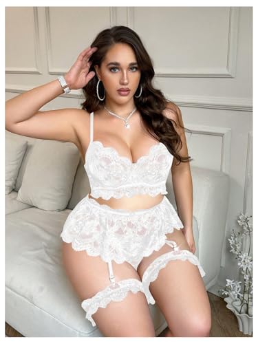 Image of Verdusa Women's Plus Size 4 Piece Lingerie Set Floral Lace Sheer Bralettes and Thong with Garter Belt