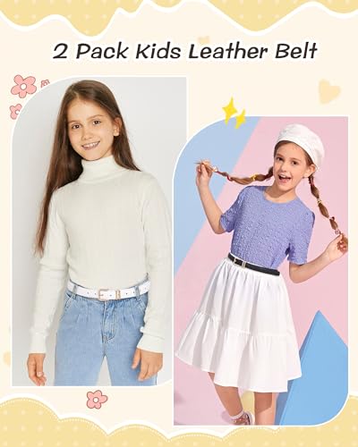 AWAYTR 2 Pack Girls Leather Belt for Kids Jeans with Gold Square Buckle4