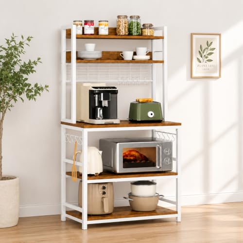 Image of 5-Tier Kitchen Organizer Rack-Multipurpose Microwave Stand for Kitchen Platform & OTG Oven-Steel Utensils Storage Shelf with Hooks - Engineered Wood & Metal Rack for Home- 80x40x170 cm - White /Brown
