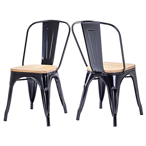DUHOME Chaise de Salle à Manger Lot de 2 Chaise de Cuisine Empilable Tabouret en Métal Siège avec Dossier pour Bar Café Salon Restaurant, Noir+Bois