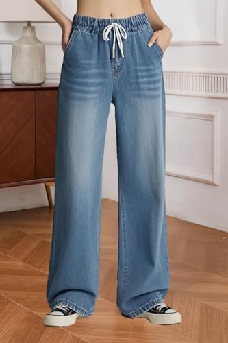 Women's Drawstring Wide Leg Jeans High Elastic Waisted Stretch Frayed Loose Fit Trouser Jeans Denim Pants3