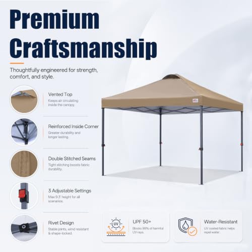 Image of MASTERCANOPY 10x10 Durable Pop Up Canopy Tent with Roller Bag, Khaki