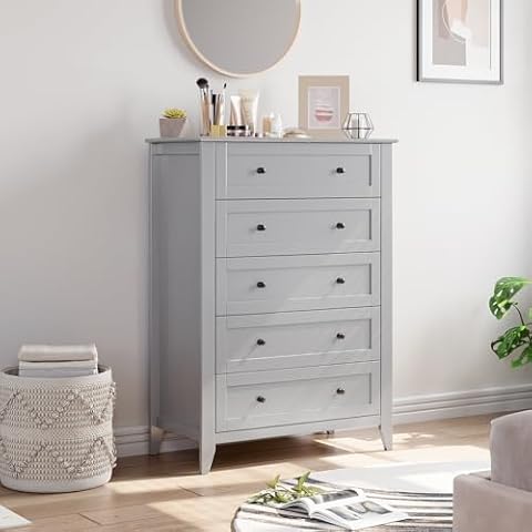 Garveehome 5 Chest of Drawer Dresser, Modern and Stylish Dresser, Deep Drawers and Nickel Round Handle, Wood Organizer Dresser with Ample Storage Space for Bedroom, Living Room, Entryway, Grey Cover
