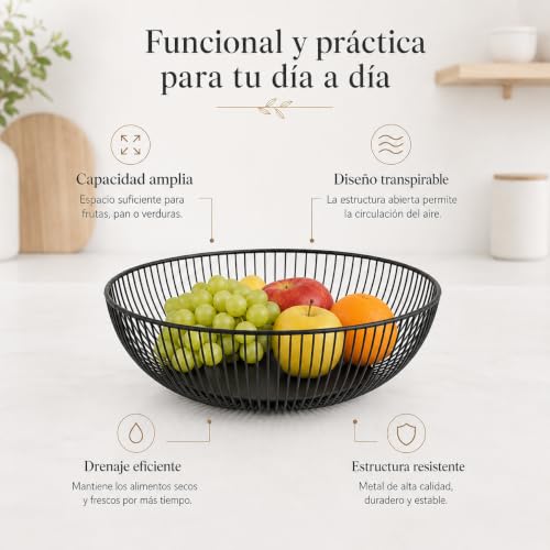 Miniatura 6 de Lin Home Xz-23171 Frutero Decorativo De Metal, Diseño Ondulado, Cuenco Para Frutas Y Verduras Negro, 28x7.5cm