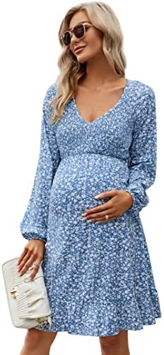 Coolmee Women's Maternity Long Sleeve Ruffle Dress V Neck Smocked Fall Casual Flowy Midi Dress for Baby Shower Photoshoot Long Sleeve Sky Blue Floral M