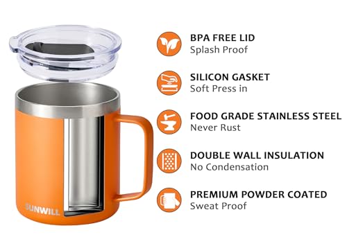 Image of SUNWILL Insulated Coffee Mug with Handle, 14oz Stainless Steel Togo Coffee Travel Mug, Reusable and Durable Double Wall Coffee Cup, Powder Coated Orange