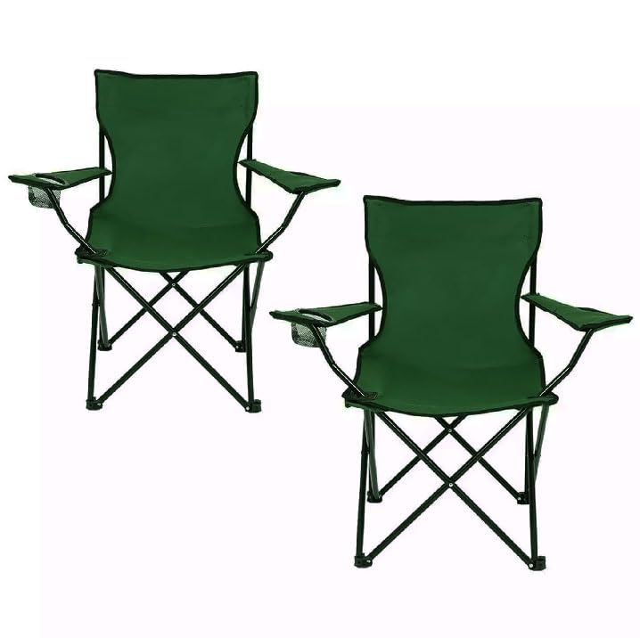 Faboer Set of 2 Folding Camping Chairs, Outdoor Portable Garden Folding Camp Chair with Cup Holder, Comfortable Beach Chair for Camping, Fishing, Parties, Barbecue - Green