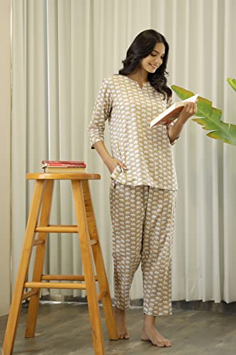Image of SANSKRUTIHOMES Women's Premium 100% Cotton Printed Co-Ord Set | Short Sleeve Shirt & Pant Set | Pink Checkered Sun & Palm Tree Print | Casual Summer Resortwear, Vacation Wear & Comfortable Loungewear