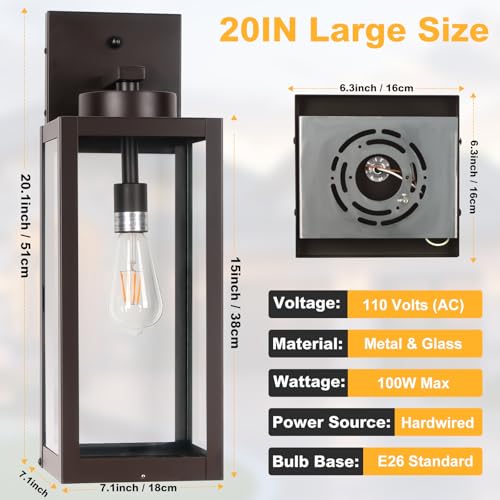 Image of 20 inch Oil Rubbed Bronze Dusk to Dawn Outdoor Wall Lights with Closed Bottom | Large Waterproof Outdoor Wall Lantern Porch Lights, Anti-Rust Modern Outside Wall Sconce Coach Light for House, E26, 2-Pack