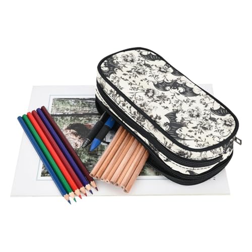 Image of ANANGTEE Bat Flowers Pencil Pouch Case for Teen Girls Boys Goth 10 | Large Capacity School Stationery Accessory Pen Box 3 Zippers, Office Organizers Soft Travel Toiletry