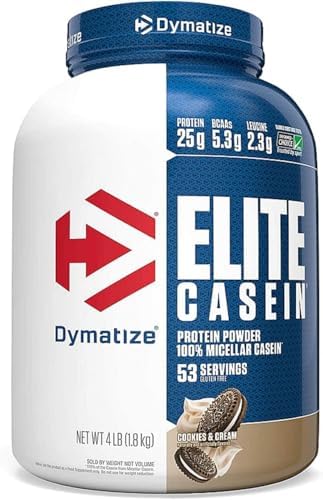 Dymatize Elite Casein Protein Powder, Slow Absorbing with Muscle Building Amino Acids, 100% Micellar Casein, 25g Protein, 5.4g BCAAs & 2.3g Leucine, Helps Overnight Recovery, Cookies & Cream, 4 Pound
