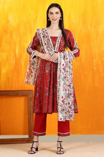 Image of W for Woman Reef Blue Floral Printed Modal Straight Kurta, Pants and Dupatta Set