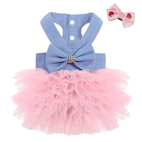 SIMCAPY Dog Dress, Fashion Puppy Tutu Princess Dresses for Small Dogs Girl, Sweet Skirt with Dog Bowknot Clips, Spring Dog Cat Clothes Pet Apparel (Denim Dress Tutu, XX-Small)