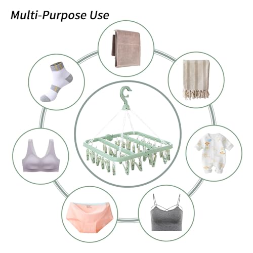 Rainfordhoma Clothes Drying Rack with 32 Clips, Foldable Hanging Rack, 360° Rotatable Hook for Drying Socks Baby Clothes Towels Gloves(Light Green) - Thumbnail 4