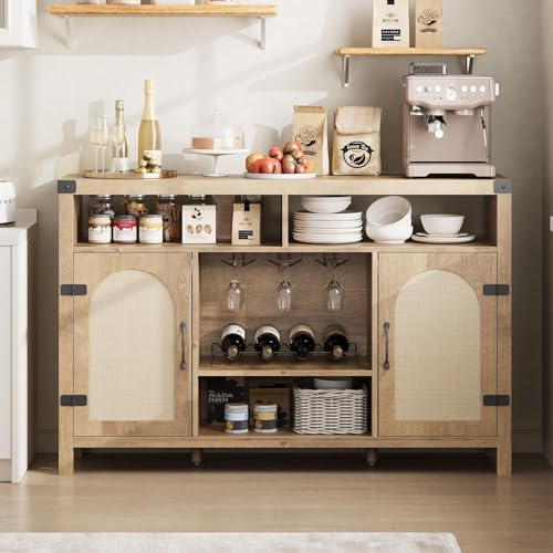 Farmhouse 59" Sideboard Buffet Cabinets with Wine Rack,Modern Coffee Bar Cabinet for Home Liquor, Kitchen Storage Cupboard with Door, Sideboard for Dining Room, Living Room,Restaurant,Wood Color