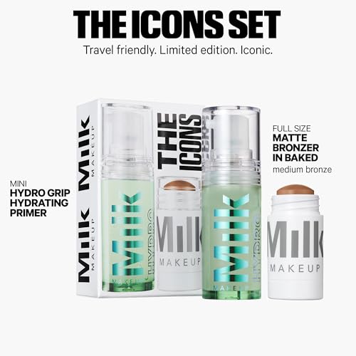 Image of Milk Makeup Mini 12HR Hydro Grip Primer + Full Size Matte Bronzer Gift Set - Hydrating Face Primer 0.33 oz + Cream Bronzer Stick in Baked (Medium Bronze) 0.19 oz - Travel Friendly, All-Day Wear