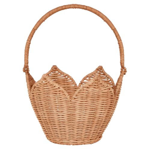 Image of Scalloped Basket, Scalloped Edge Round Basket with Handle, Wicker Baskets for Storage, Hand Woven Shelf Baskets for Bathroom, Bedroom Organizing (Natural Rattan B)