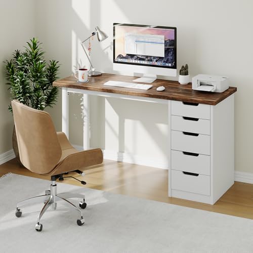 Garvee Computer Desk with 5 Drawers, 47 Inch Modern Simple Study Writing Desk with Storage, Rustic Home Office Desk, Reversible Computer Desk for Home