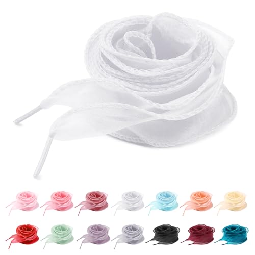 UamGlsob 4CM Fancy Organza Silk Shoe Laces for Womens Sneakers Cute Sheer Satin Ribbon Shoelaces Replacement Yarn Strings (White 54/140cm)