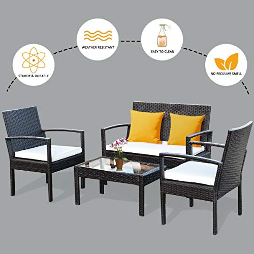 Image of Carry Bird 4 Piece PE Wicker Rattan Outdoor Furniture | 4 Seater Balcony Sofa With Tea Table | Set of 2+1+1 Outdoor Patio Chairs with Coffee Table | Sofa Sets & Center Table for Home & Garden | 3 Piece Patio Stools with Table | Indoor Patio Furniture Set Space Saving | Rattan Chair | Patio Set | Wicker Conversation Set | Poolside Lawn Arm Chairs Set For Balcony & Terrace | Balcony Table chair Set | Hotel Patio Seating Chair & Table Set with Glass | Brown Sofa White Cushion
