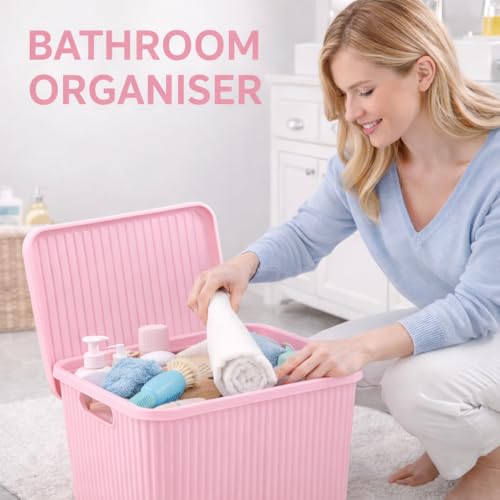 Image of Plastic Storage Box with Lid - Large Stackable Organizer Storage Box for Clothes, Toys, Kitchen - Big Size Plastic Storage Container Basket for Home, Office, Bathroom(Large,Pack of 2,Pink)