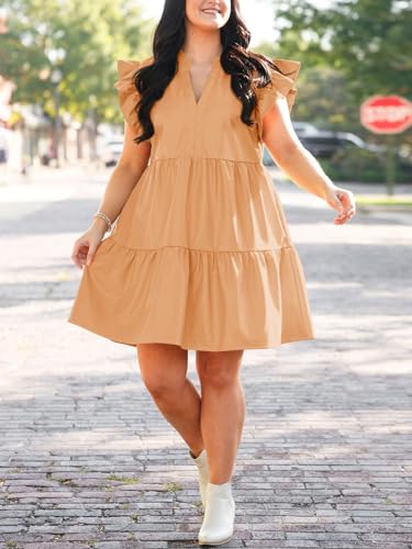 Image of Fisoew Plus Size Dresses for Women Summer Ruffle Short Sleeve V Neck Dress Tiered Swing A Line Babydoll Mini Dress