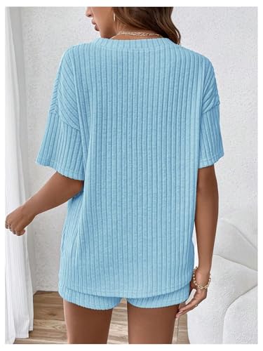 Image of MakeMeChic Women's Maternity Sets Summer Rib Knit Top and Short | 2 Piece Mama Clothes,Lounge,Short Sleeve Tee Shirt,Pregnancy Pajamas,Bump Friendly Outfits