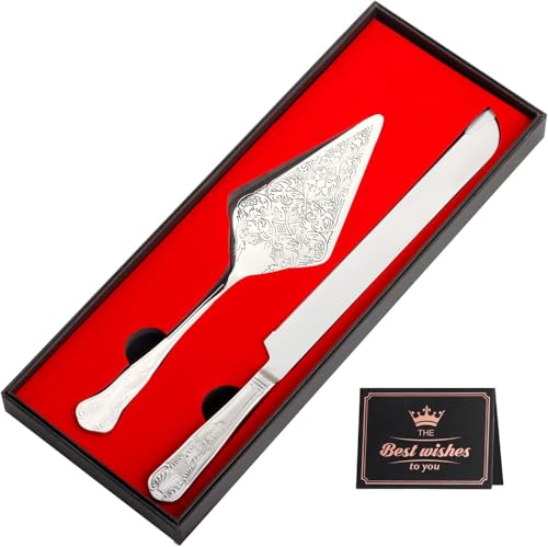 HECHOBO Wedding Cake Knife and Server Set Stainless Steel Cake Cutting Set with Engraved Plating Pattern Elegant Design Perfect for Engagement Anniversary Birthday Party Prom