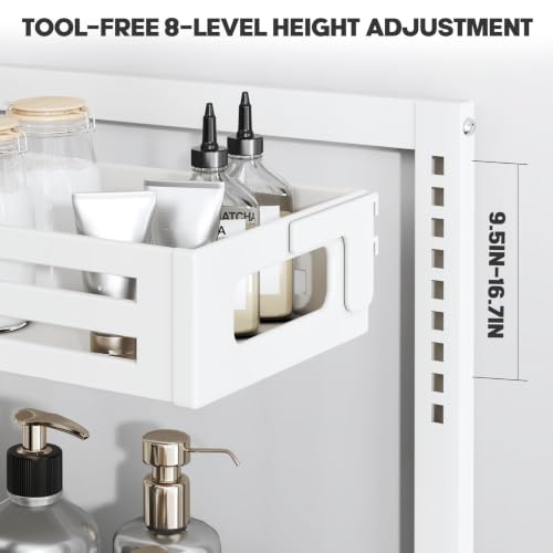 Image of 1 Pack Under Sink Organizer,Pull Out Cabinet Organizer With Smooth Cylindrical Rail,Metal Slide Out Drawer for Kitchen Bathroom Laundry Cabinet,8-Level Tool Free Height Adjustable-White