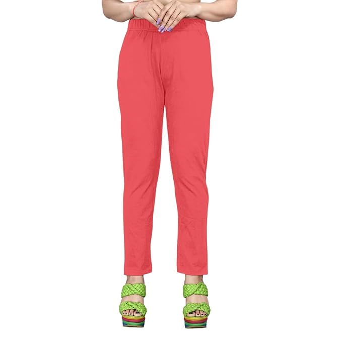 Image of Women's Solid Cotton Lycra Pants-High Waist Slim Fit Stretchable Leggings - Comfortable Long Trousers for Casual, Office & Everyday Wear