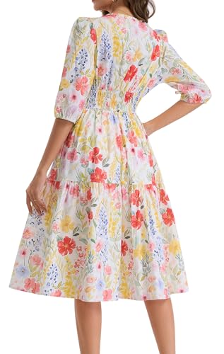 Image of Kormei Women Casual Boho Floral Round Neck 3 /4 Sleeve Smocked Waist Tiered A Line Flowy Swing Midi Dress Long Dresses