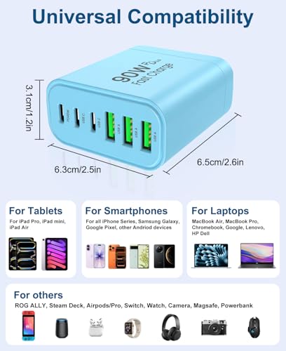 Image of 90W GaN USB C Charger Block,6-Port USB C Wall Charger Fast Charging 45W PD Power Adapter for iPhone 17Pro Max /Samsung Galaxy S24 Ultra /Tabs /MacBook Air /iPad Pro for Home Travel