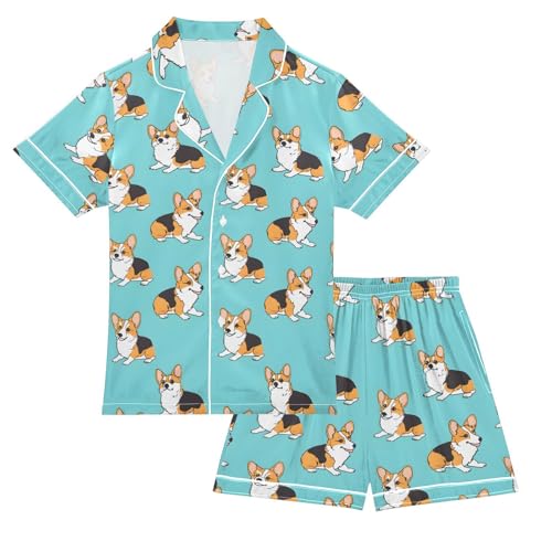 ALAZA Hipster Puppy Dog Blue Satin Pajamas Set Short Sleeve Button Down Sleepwear Summer Pjs 2 Piece