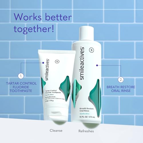 Smileactives Breath Restore Oral Rinse, Adults Mouthwash for Bad Breath and Gum Health, Promotes Oral Care, Healthy Mouth and Long Lasting Fresh Breath, Sugar and Alcohol-Free, Vanilla Mint, 16 fl oz