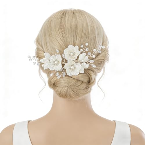 Pinza para cabello con perlas y pedrería White Flowers Rhinestone para adolescente estilo boda miniatura 6