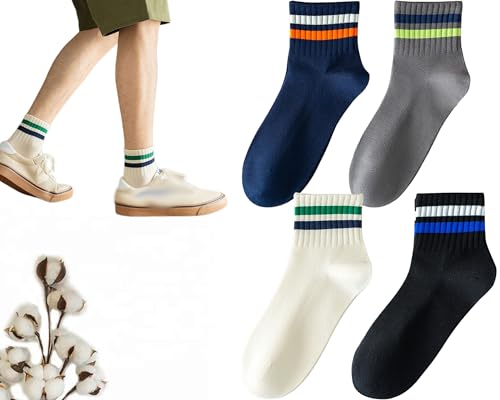 CHUNFO Mens Striped Running Ankle Socks Athlete Basketball Color Crew Cotton Casual Running Sock Size5.5-9.5