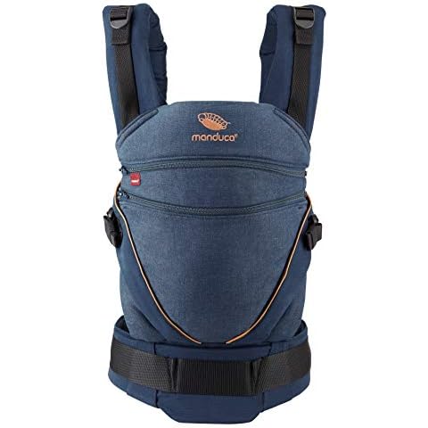 manduca XT Baby Carrier > All in One < Baby Carrier with Adjustable Seat, Newborn to Toddler, 3 Positions (Front, Hip & Back), No Infant Insert Needed, Organic Cotton (XT Cotton/denimblue -Toffee) Cover