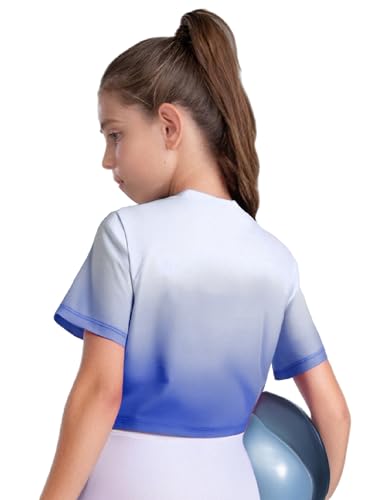 YiZYiF Kids Girls Short Sleeve Crop Dance Top Shiny Gradient Color Summer Workout T-Shirt Tees2