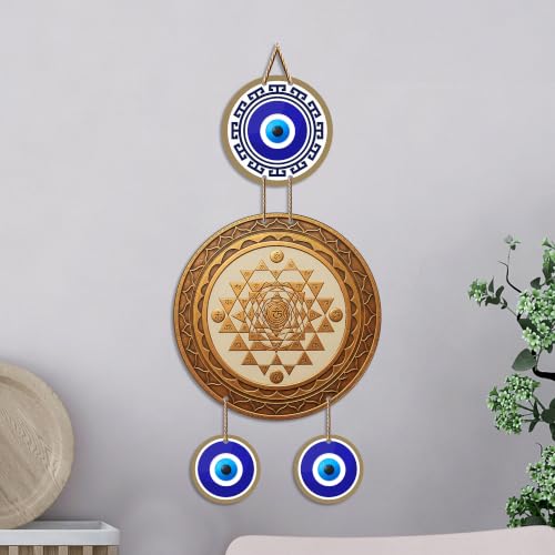 Image of Artvibes Wooden Sri Yantra Evil Eye Wall Hanging Decor for Home and Office | Sacred Vastu Energy Balancing Ornament | Spiritual Wall Accent for Entrance and Gift Giving (WH 85137N)