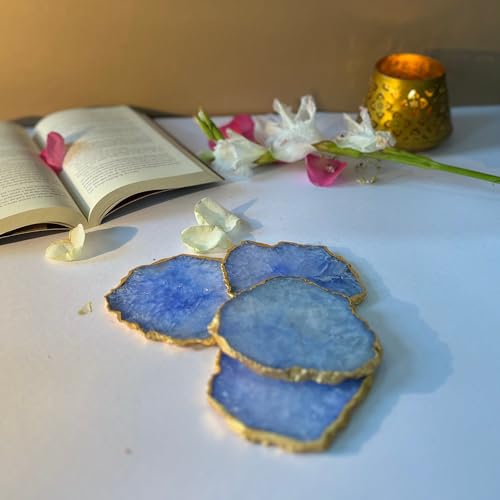 Image of Natural Agate Stone Tea Coasters Set | Premium Stone Coasters for Tea, Coffee & Glass | Heat Resistant Coasters for Dining Table, Office Desk & Home Decor | Pack of 4 | Color -Blue