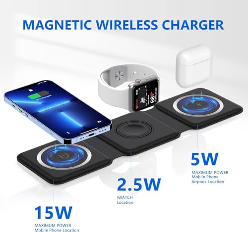 Image of 3 in 1 Magnetic Foldable MagSafe Compatible Wireless Charger for iPhone Series Compatible with AirPods 2 /3, Pro2, Pro3 Compatible with only iPhone Watch Series, 23W Charging - Black