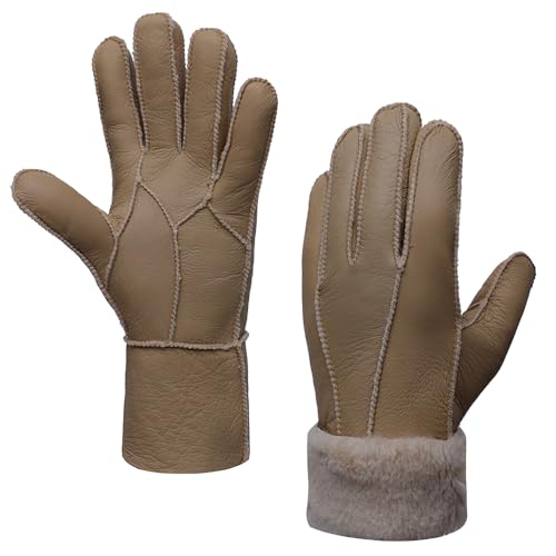 MGGMOKAY Women Leather Gloves Shearling Sheepskin Winter Warm Gloves Fur Lined,Light Brown,L