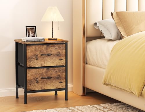 HOMIDEC Bedside Table,42cm Large Capacity Side Table,Bedside Cabinet with 2 Fabric Storage Drawers,54.5cm Height Sofa Side Table End Tables Nightstand for Bedroom,Living Room ect.Rustic Brown
