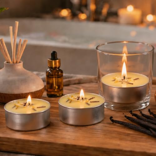 Vanilla Scented Tea Lights Candles 25 Pack, 100% Soy Wax Yellow Scented Tealights with Dried Flowers, 6 Hour Long Burn Time, Relaxing Aromatherapy Candles Gift for Home, Spa, Yoga by REISEN - Used condition - Image 3