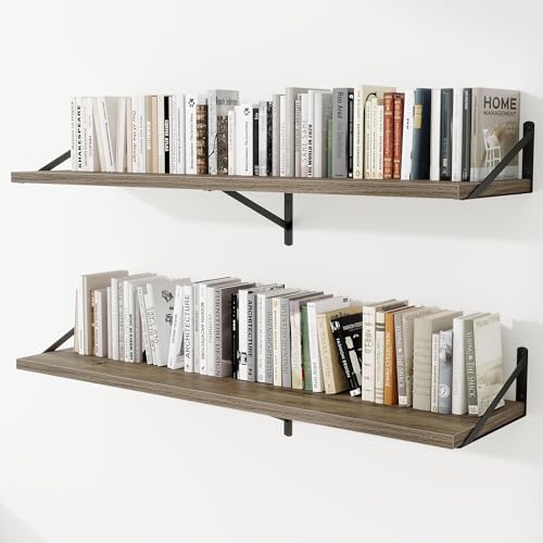 12" Deep Wall Shelves with Metal Brackets, 55" Wide, Grey Finish, 2pcs | Heavy-Duty 12"D Extra Deep Engineered Wood Bookshelves for Living Room, Bedroom, Bathroom, Kitchen Home Decor Storage