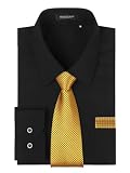 HISDERN Men's Black Dress Shirt with Tie Gold Handkerchief Formal Long Sleeve Button Down Business Party Shirt Matching Tie Pocket Square Set L